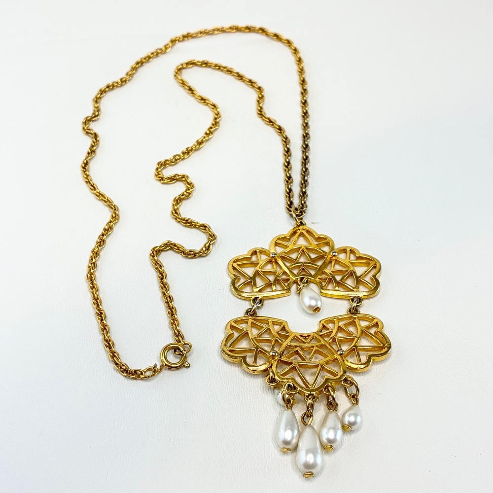 Vintage Gold Tone Filigree Necklace Faux Pearl Teardrop Statement  Geometric 24"